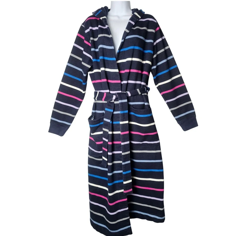 Lands End Serious Sweats Hooded Robe Womens L 14/16 Navy Striped Bathrobe Fleece
